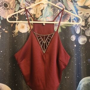 Women's Burgundy Halter Top with Embroidered Detail